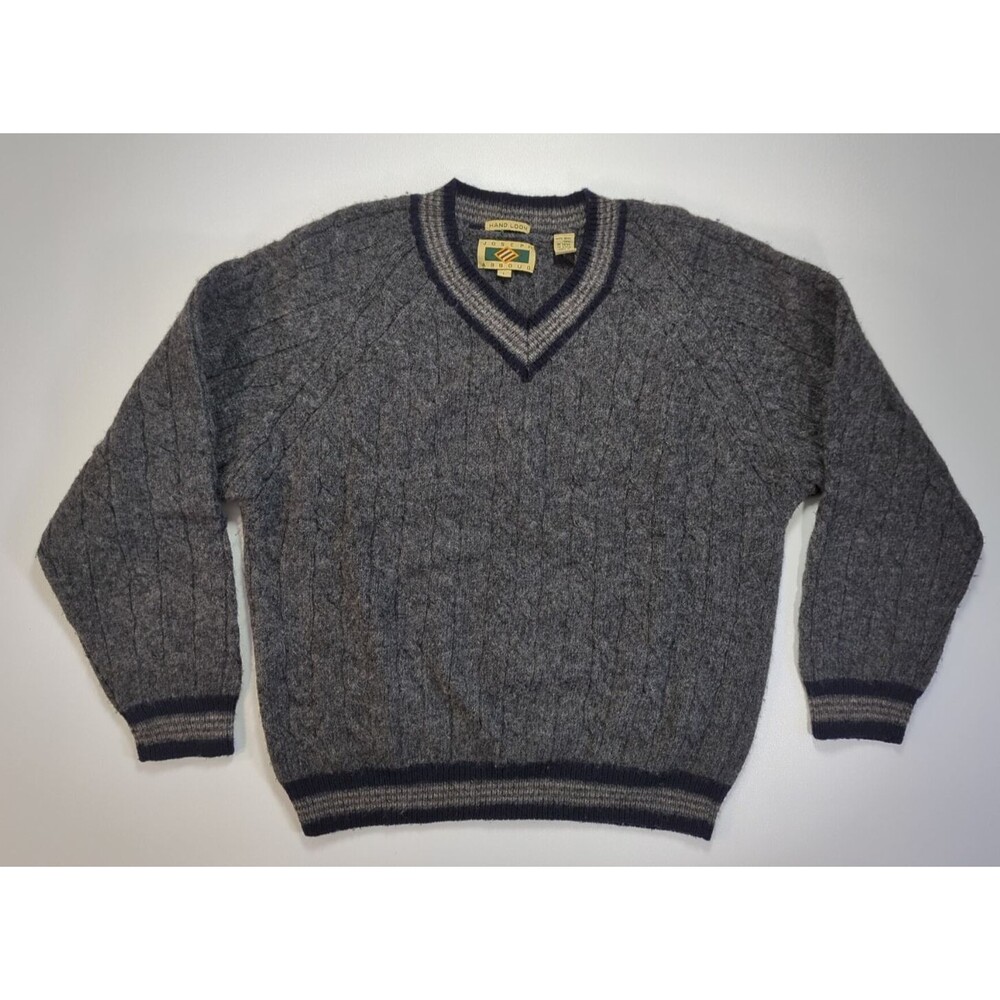 Vtg Joseph Abboud Hand Loom Wool Tennis Sweater Mens L Gray V Neck Cable Preppy